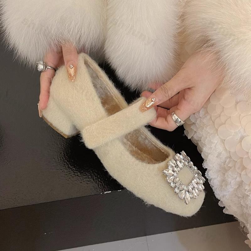 Fashion Women's Elegant Square Head Shallow Mouth Hairy Single Shoes 2025 Autumn Warm Comfortable Versatile Plush Mary Jane Cotton Shoes