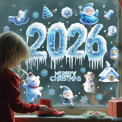 2026 Weihnachtsfensteraufkleber Blaue Schneeflocke Eis Doppelseitige Fenstersticker PVC Aufkleber für Silvester Glas Spiegel Deko