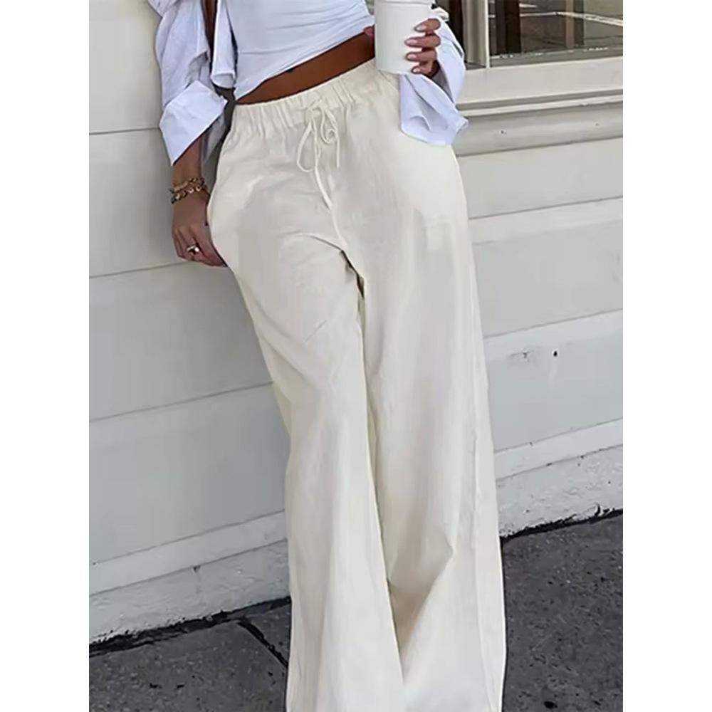 Fashion personality trend solid color casual pants women's 1111 summer new elastic waist drawstring design straight trousers