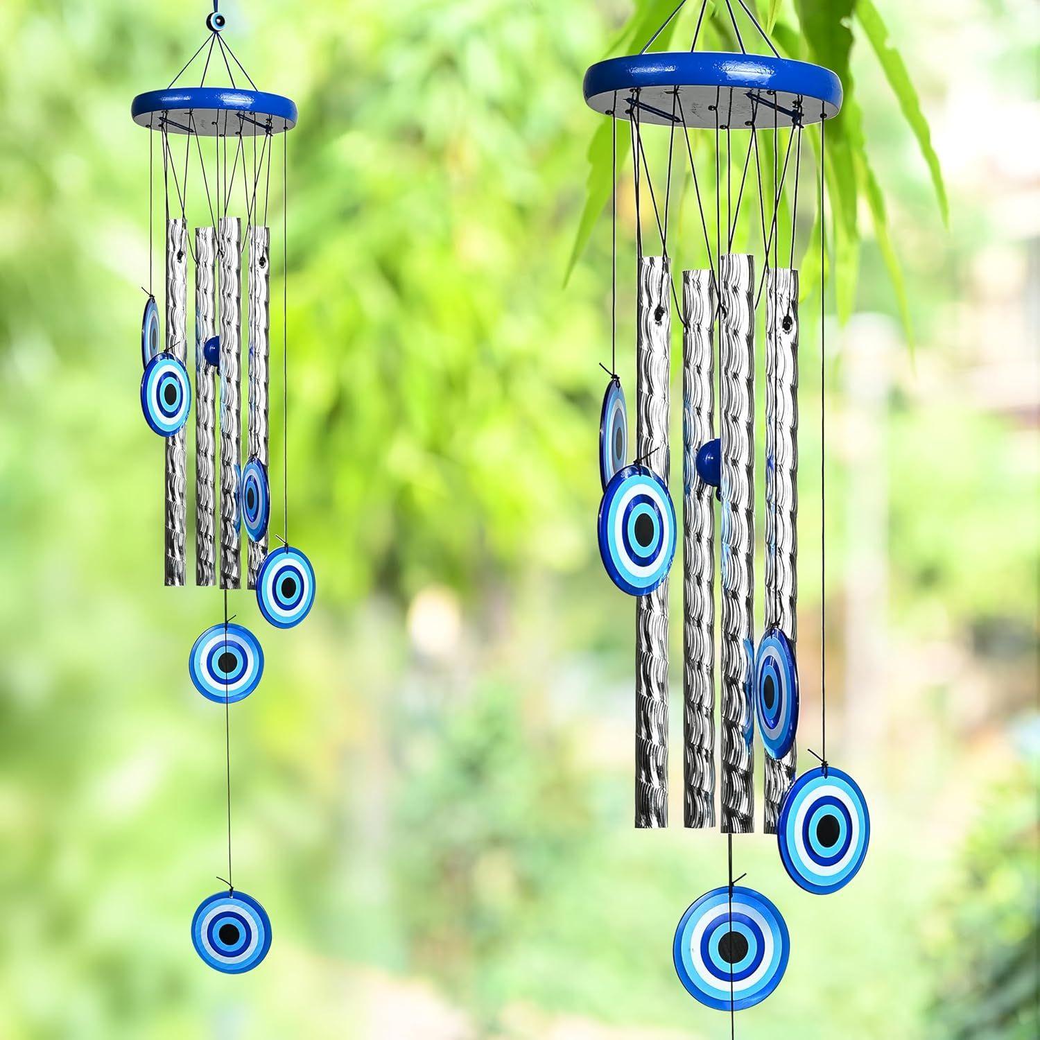 

Evil Eye Wind Chimes for Home and Garden – Hanging Decoration Items Housewarming Gifts Room Décor for Living Room and Bedroom, 4 Silver Pipe