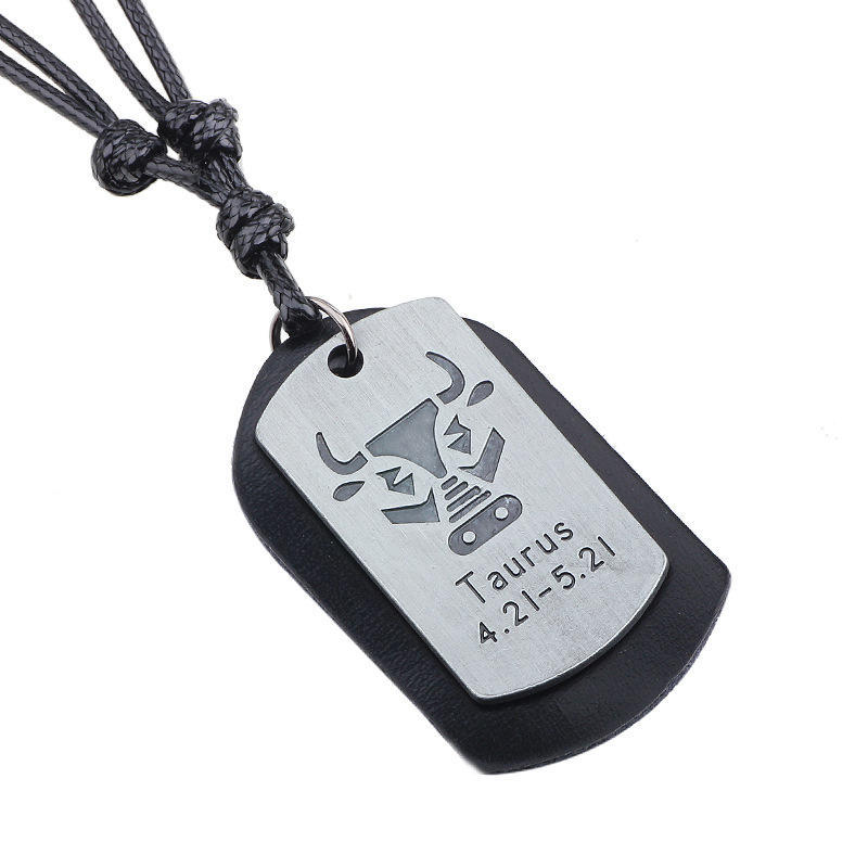 JMXD-European and American Twelve Constellation Necklace Retro Brushed Metal Pendant Genuine Leather Wax Rope Woven Constellation Series Necklace