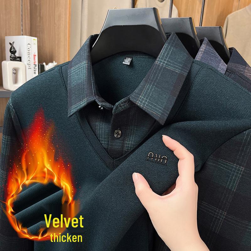 Men s Plus Velvet Long-Sleeve Lapel Top: Winter Two-in-One Casual Base Shirt for Dad Extra Extra Extra Extra Large