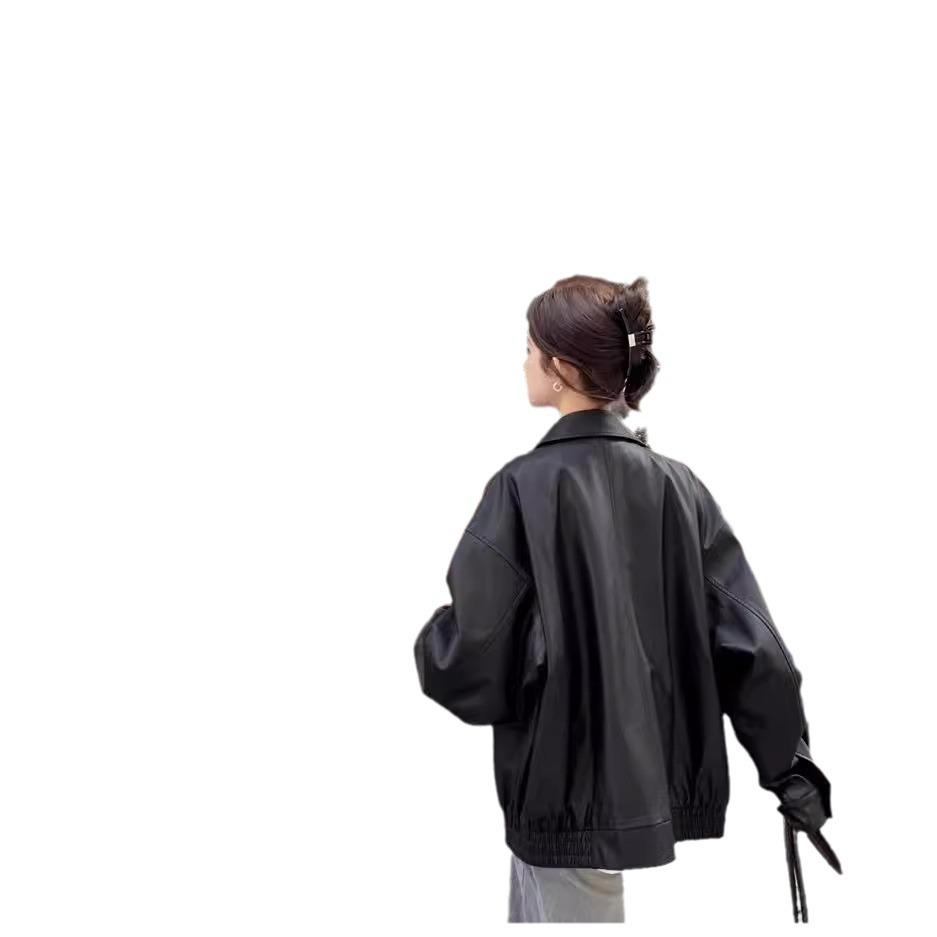 2024 Autumn/Winter Women's Coffee Brown Retro Slimming Leather Motorcycle Jacket