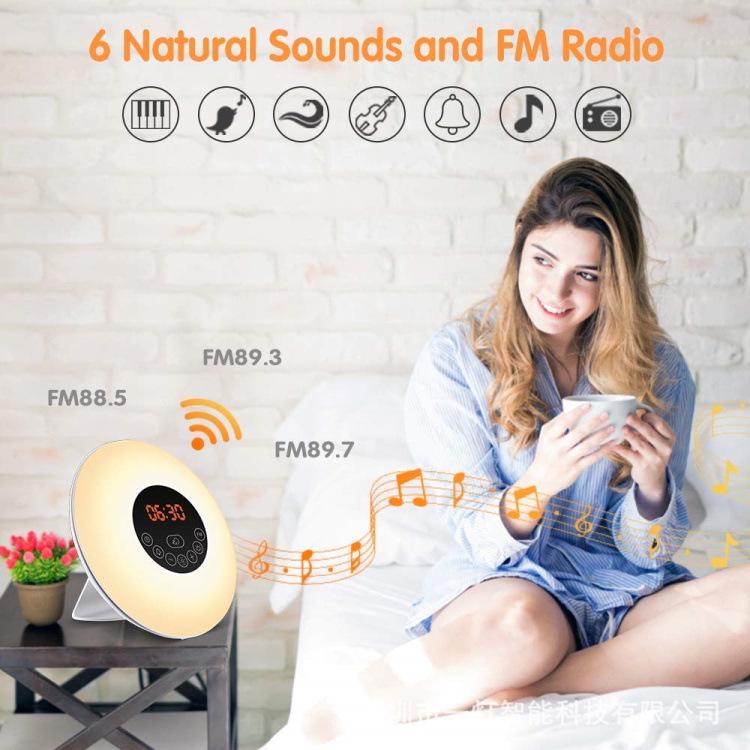 Creative Sunrise Alarm Clock with Music, Seven-Color LED, Sunset Hypnosis, FM Radio, and Night Light