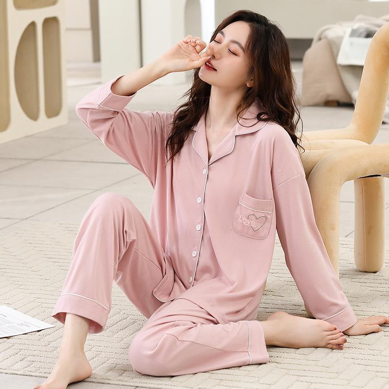 Pajamas women's spring and autumn 100% pure cotton long-sleeved plus size purple high-end autumn and winter cardigan loungewear two-piece set