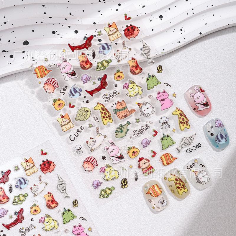 Cyansea Kawaii Cartoon Nail Art Stickers: Cute Giraffe and Cat Embossed Designs