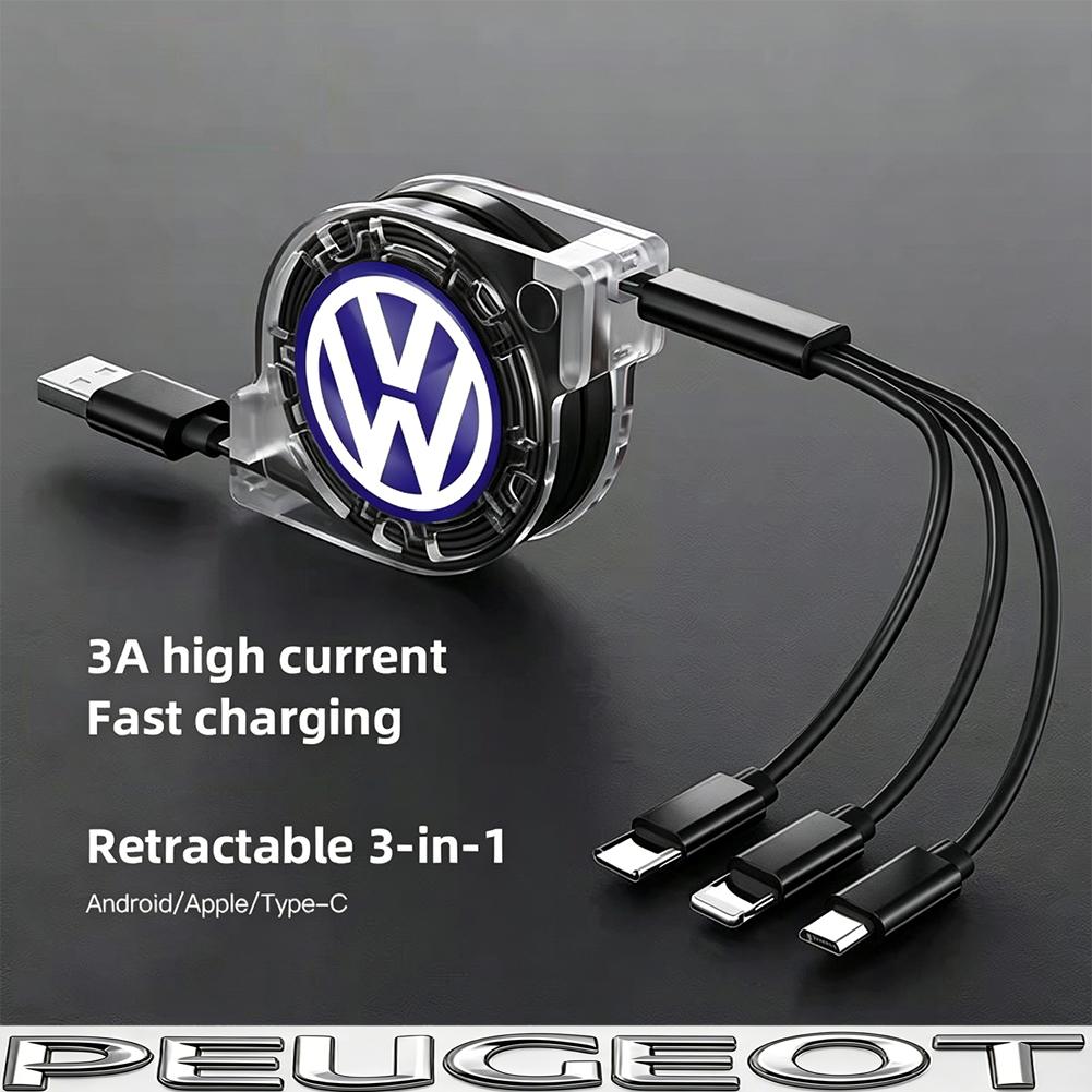 hijk1 3 In 1 Retractable Data USB Cable Charger Fast Wire Charging Cable For VW Golf Tiguan T-Roc Polo Passat ID.4 T-Cross ID.3 Taigo