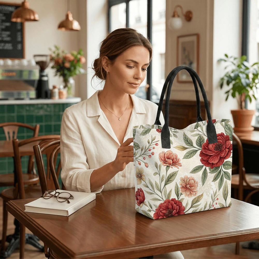  Vintage Floral Printed Large Capacity Tote Bag Casual Daily Shoulder Bag For Women Shopping Travel Use