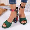 Fashion New Summer Oversized Floral Cloth Women's Shoes with High Heels Block Heel Fishmouth Straight Buckled Strap Women's Sandals