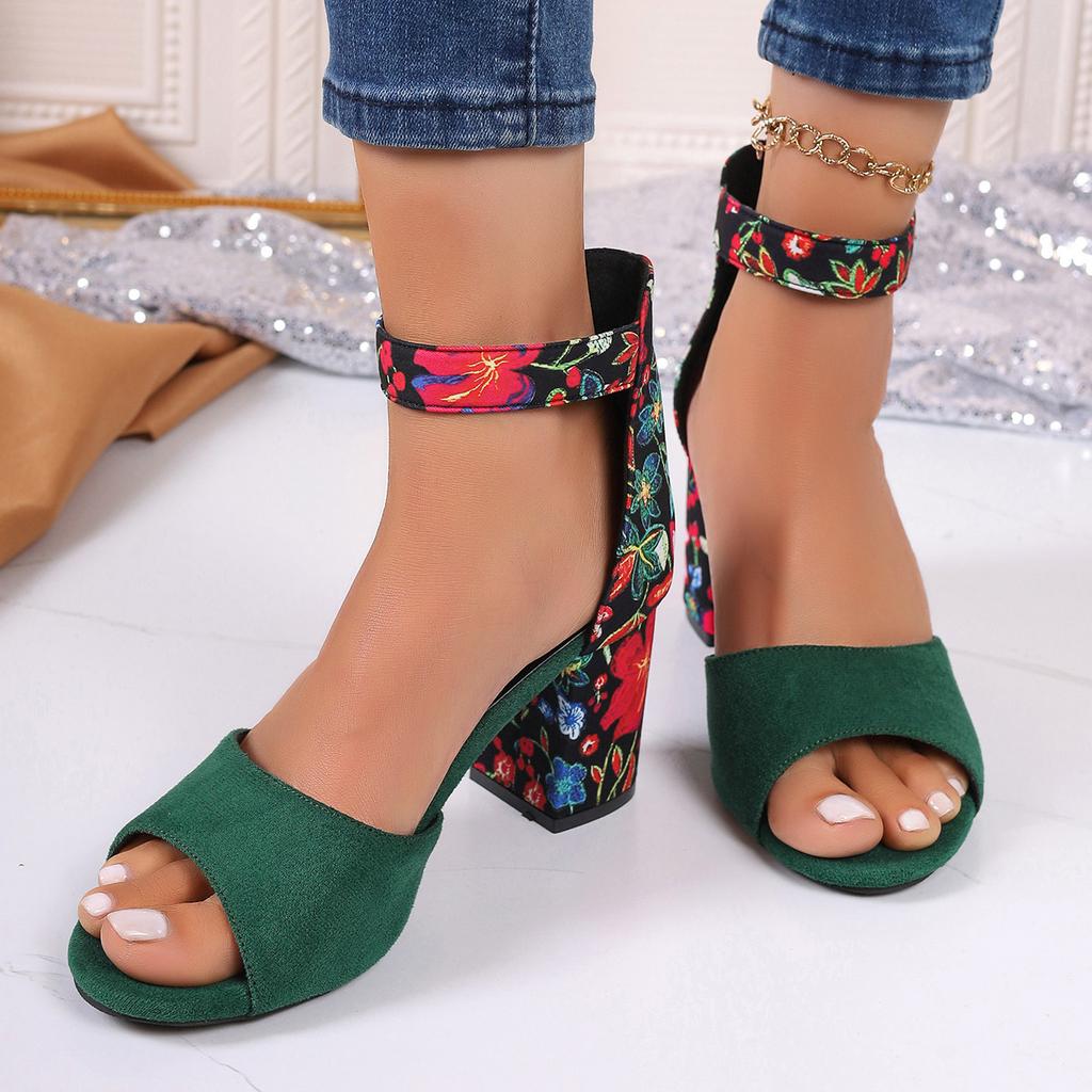 Fashion New Summer Oversized Floral Cloth Women's Shoes with High Heels Block Heel Fishmouth Straight Buckled Strap Women's Sandals