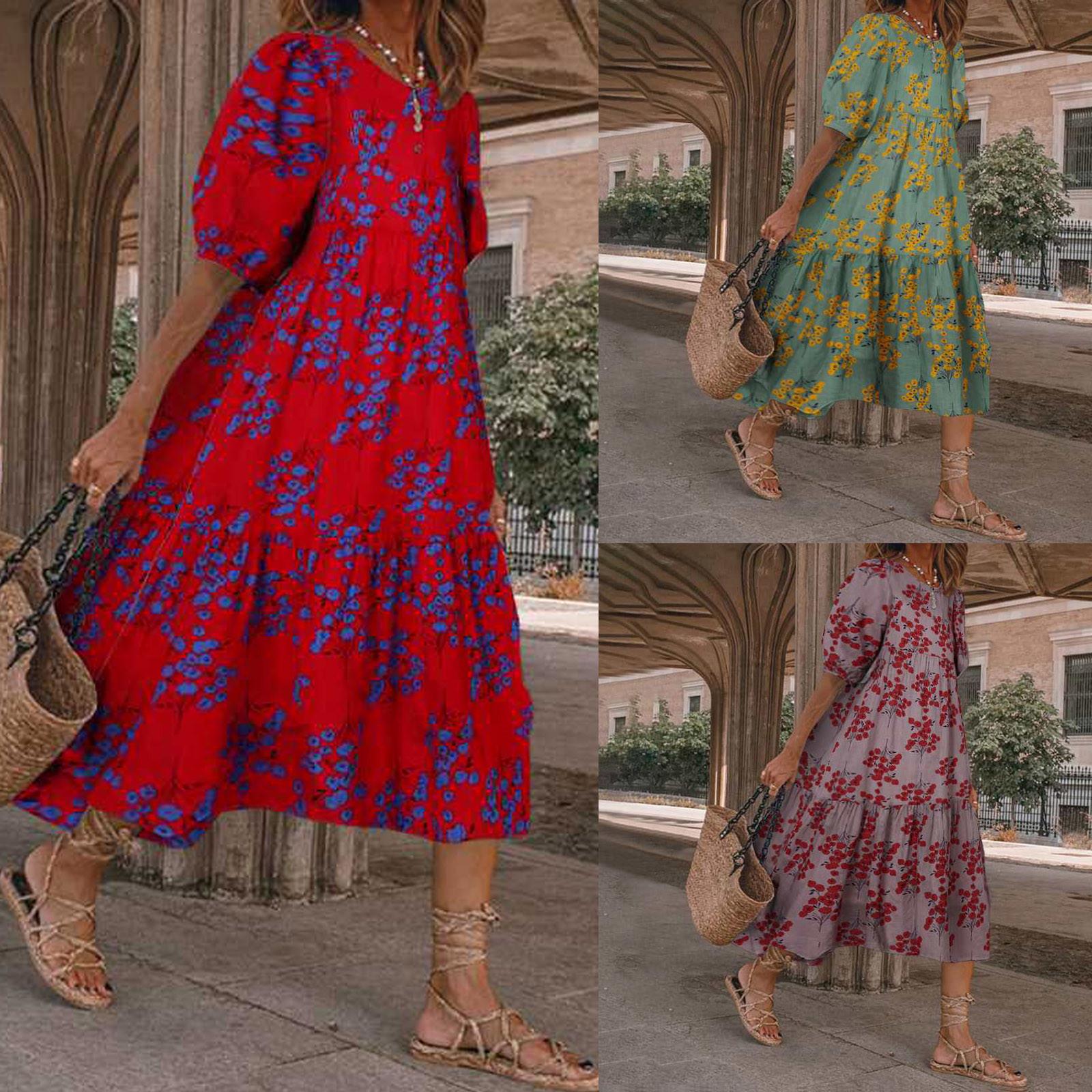 

Women s New Fashion Puff Sleeve Printed Casual Loose Splicing Dress