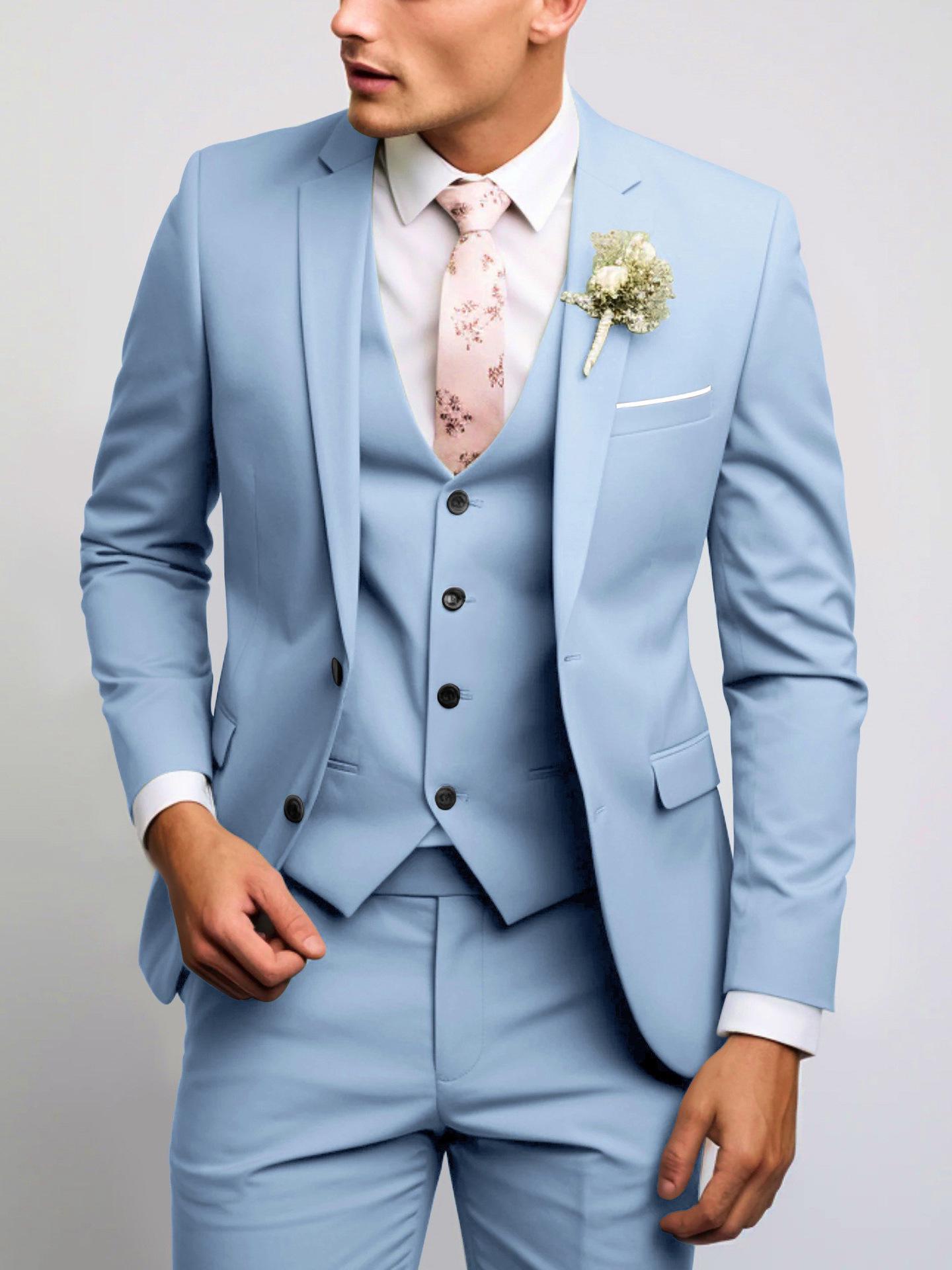 2026 Men s Slim-fit Two-button Business Suit Set - Three-piece Fashion Ensemble 5XL небесно-голубой