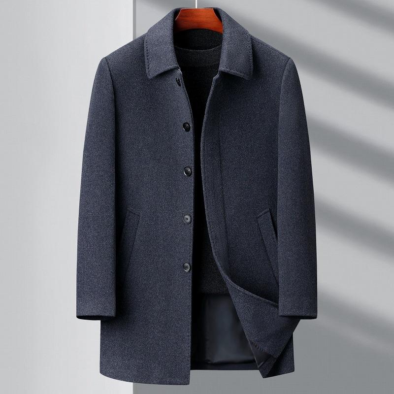 Middle-aged and Elderly Button Cashmere Coat Men's Medium-length Autumn and Winter Thickened Daddy Woolen Woolen Windbreaker Lapel Coat