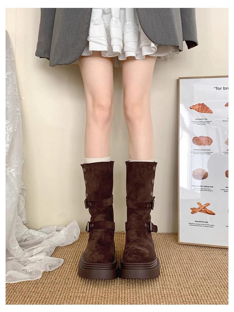 Women's Khaki Ankle Boots with Thick Sole, Chunky Heel, Elastic Slimming Fit, and Two-Way Wear for Spring