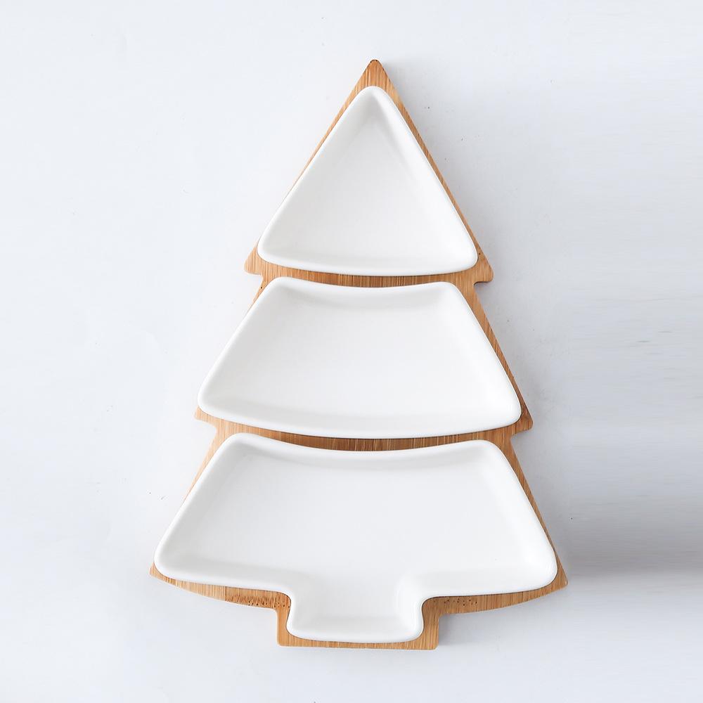 Ceramic Bamboo Wood Christmas Tree Partition Plate Platter Fruit Bowl Breakfast Dish Home Decoration