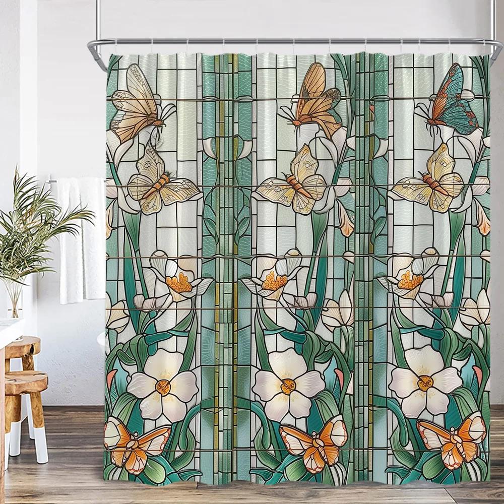 Stained Glass Garden Shower Curtain Butterfly Flowers Church Colored Painting Glass Wall Art Bath Curtain Aesthetic Bath Curta