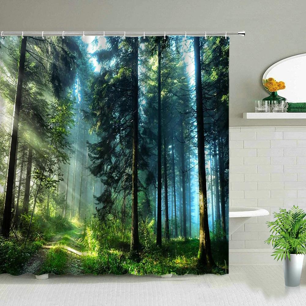 Park Garden Tree Flower Pond Nature Landscape Shower Curtain Bathroom Polyester Waterproof Fabric Curtains Home Bathtub Decor