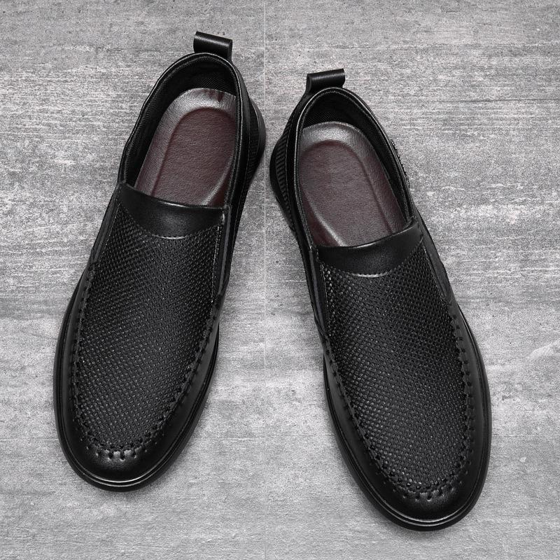 Summer New Breathable and Versatile Black Trend Leather Sports Soft-soled Shoes Mesh Men's Leather Shoes Casual Running Shoes