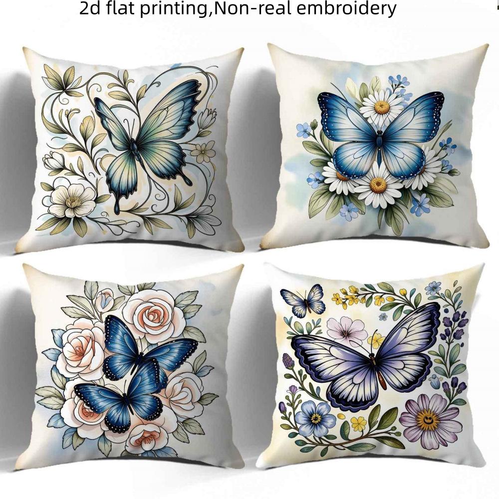4Pcs Vintage Floral Butterfly Throw Pillow Covers, Blue Butterfly With Rose Daisy Print Cushion Cases, Botanical Home Decor Peach skin 18*18(CM)-4Pcs