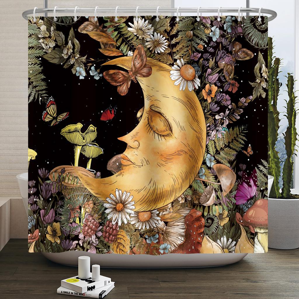 Butterfly Moth Moon Phase Shower Curtain Mushroom Floral Sun Star Plant Flower Goth Witchy Waterproof Bathroom Curtain Home Deco