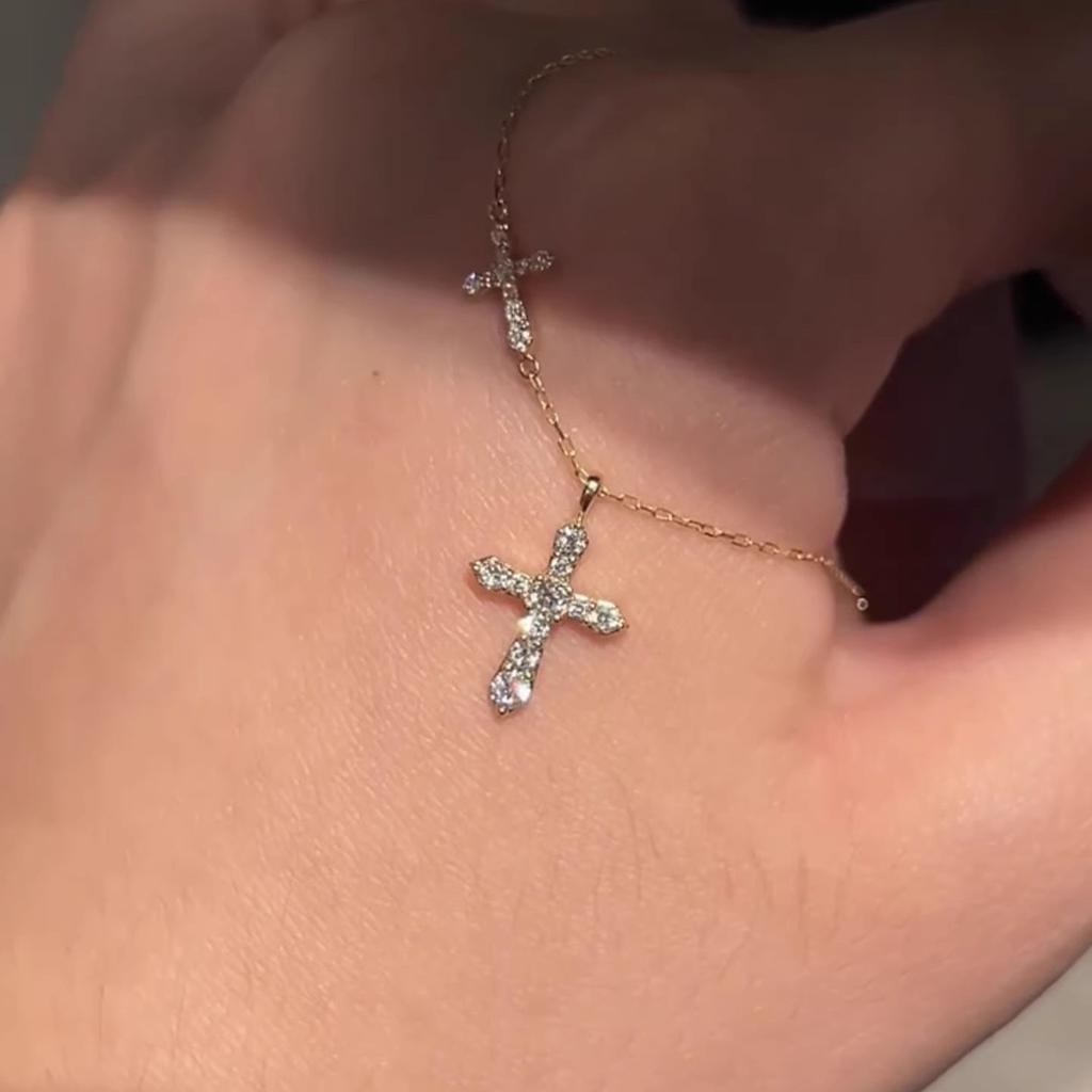 Volledige Diamant Dubbel Kruis Hanger Ketting Dames 2026 Verfijnd Middeleeuws Eenvoudig Veelzijdig Sleutelbeen Ketting Sieraden