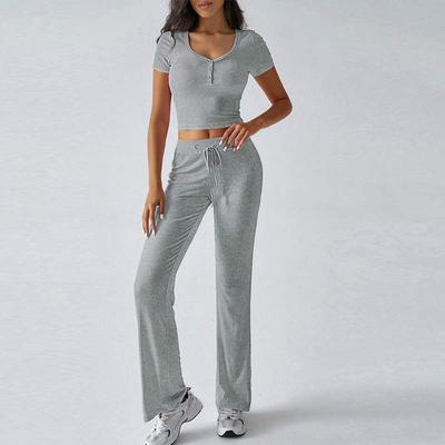 Casual Short Sleeve Tops Long Pant 2 Piece Sets Women Solid Color Buttons Crop Shirt Drawstring Straight Leg Pants Summer Outfits