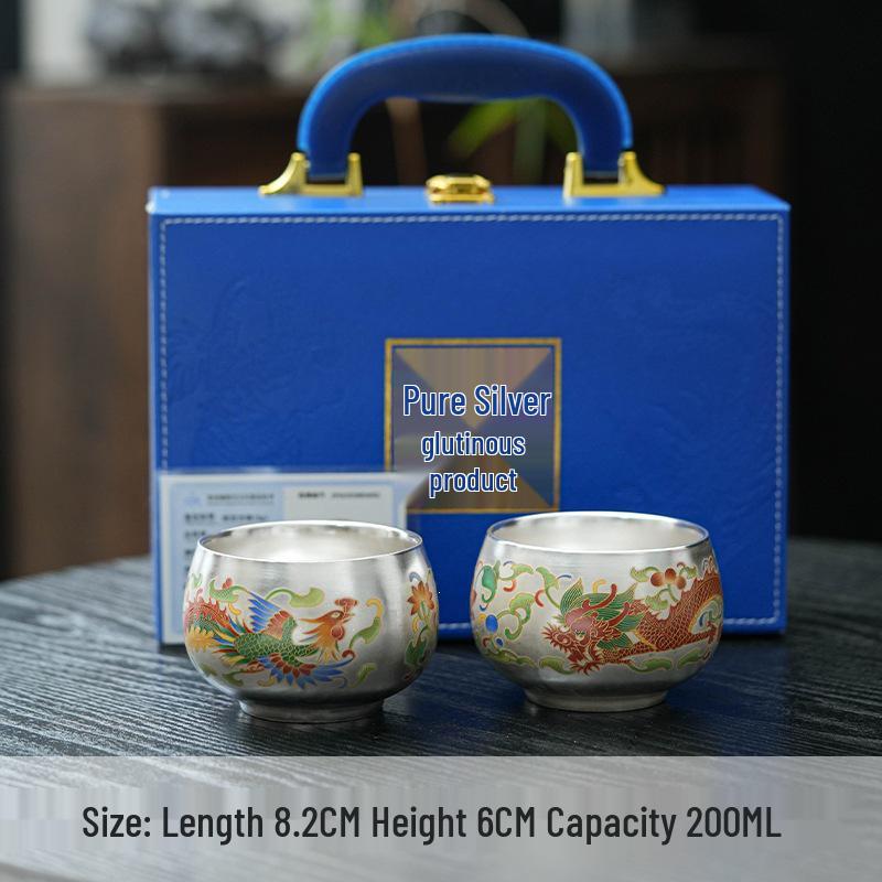 Silver Dragon & Phoenix Luohan Tea Cup: 999 Silver, Gilded, High-Grade Gift, Household Host's Cup