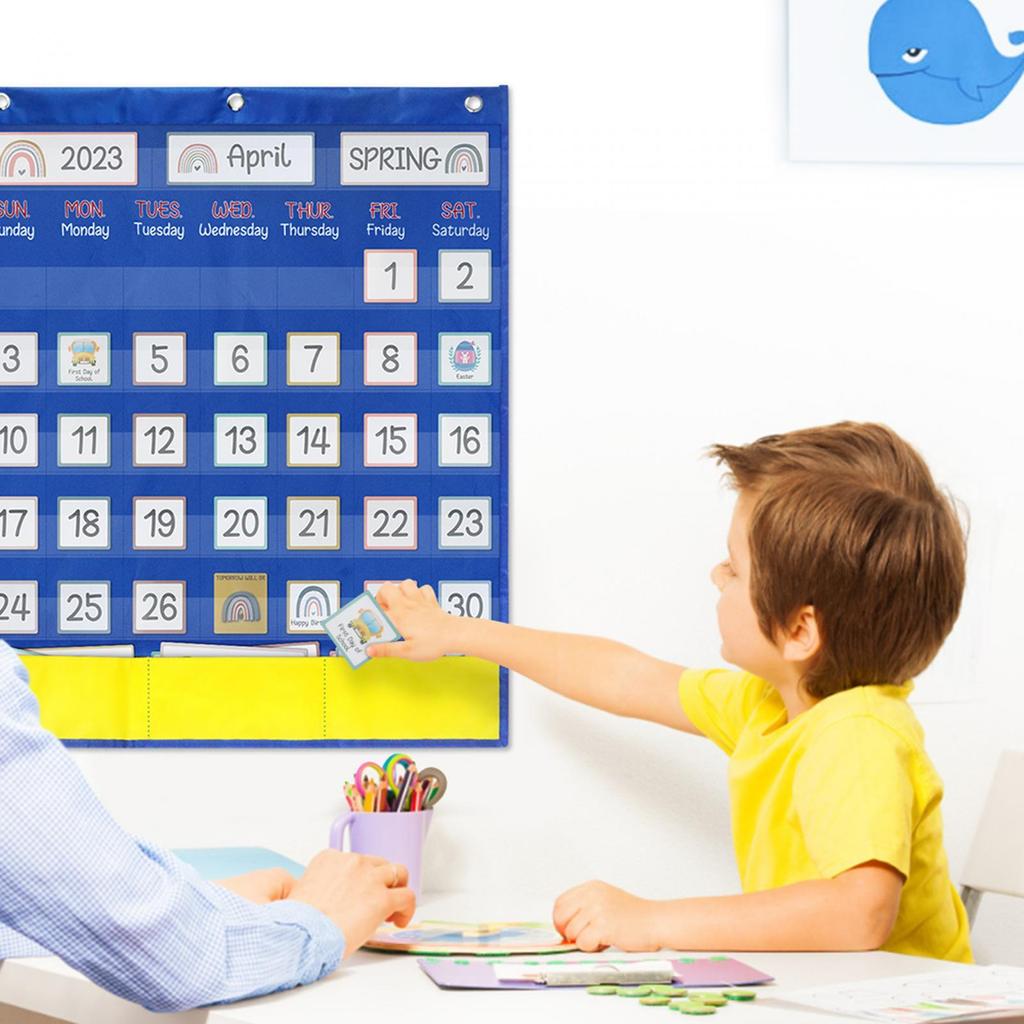 Calendar Pocket Chart for Kids Tags Card Homeschool Back Weekly with 89 Cards Wall