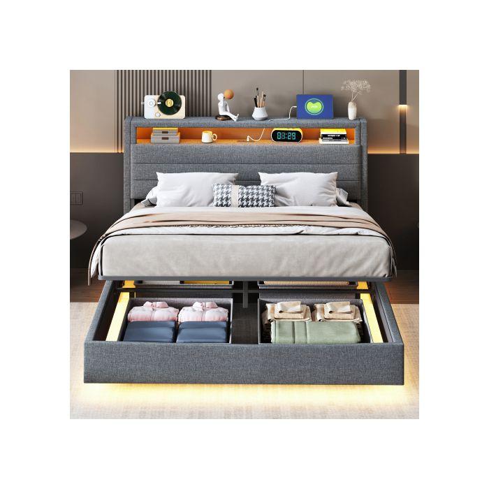 Lit rembourré 140x200 cm, cadre de lit flottant hydraulique avec espace de rangement, avec prise USB