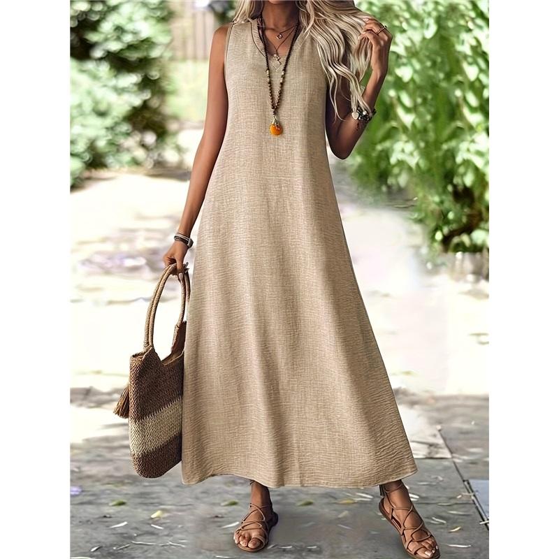 Women Sleeveless Linen Maxi Dress V Neck Loose Casual Long Dress L
