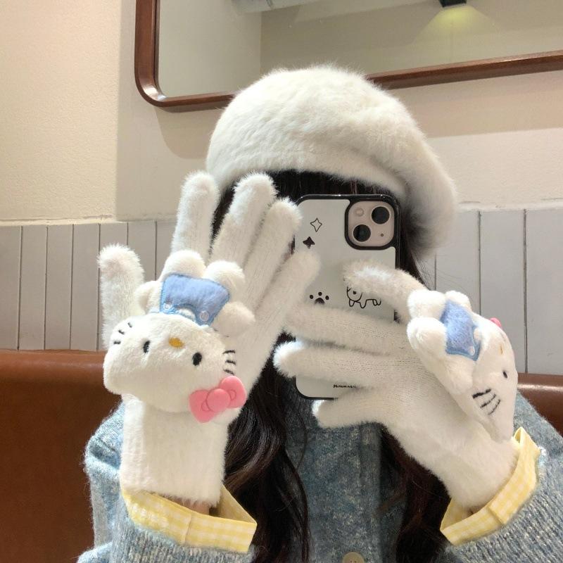Cute Cartoon Plush Gloves Female Winter Warm Thickened Student Riding Touch Screen Split-finger Gloves Three-dimensional