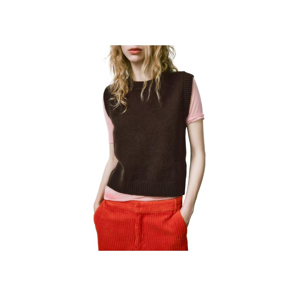 Zara Rundhals Einfarbig Gestrickt Solide Weste Damenoberteile Dunkelbraun 5536144-716