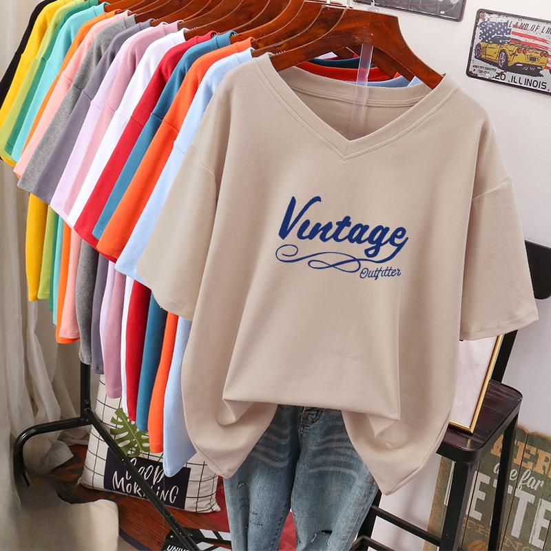 Dámské tričko s krátkým rukávem, Velká velikost, Volné a zeštíhlující, Potištěný top s výstřihem do V