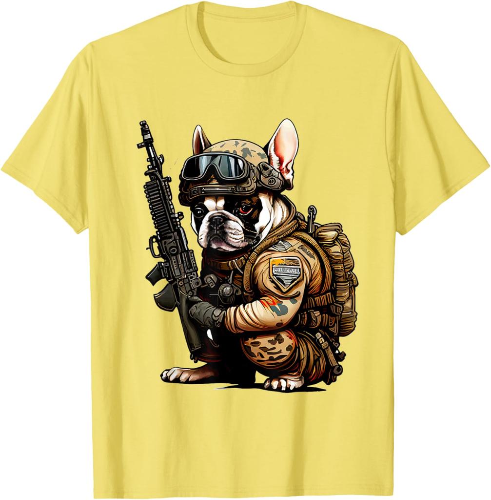 Military Bulldog Tactical Frenchie Ready for Action TShirt Short Sleeve Casual Cotton Shift