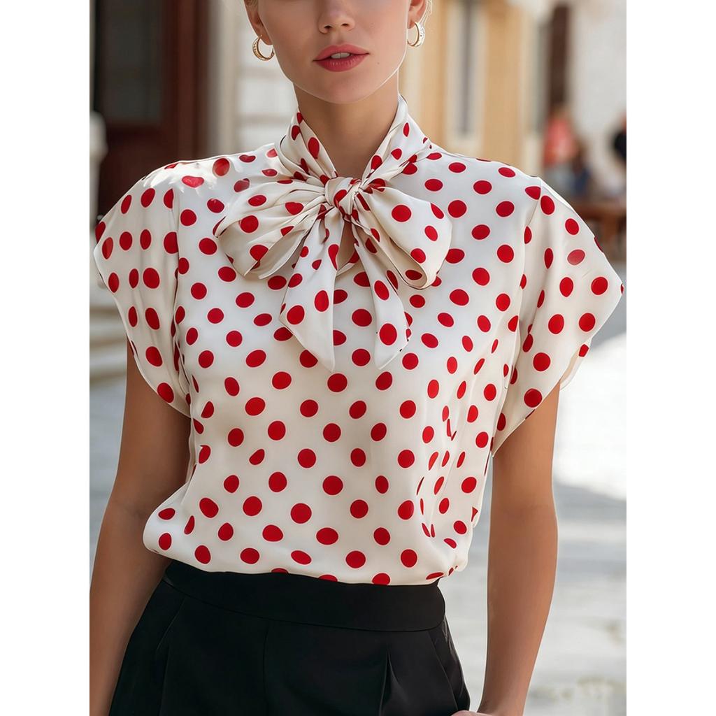 Summer Polka Dot Short Sleeve Lace-up Blouse Shirt Women's Casual Fashion Top for Outdoor Daily Wear