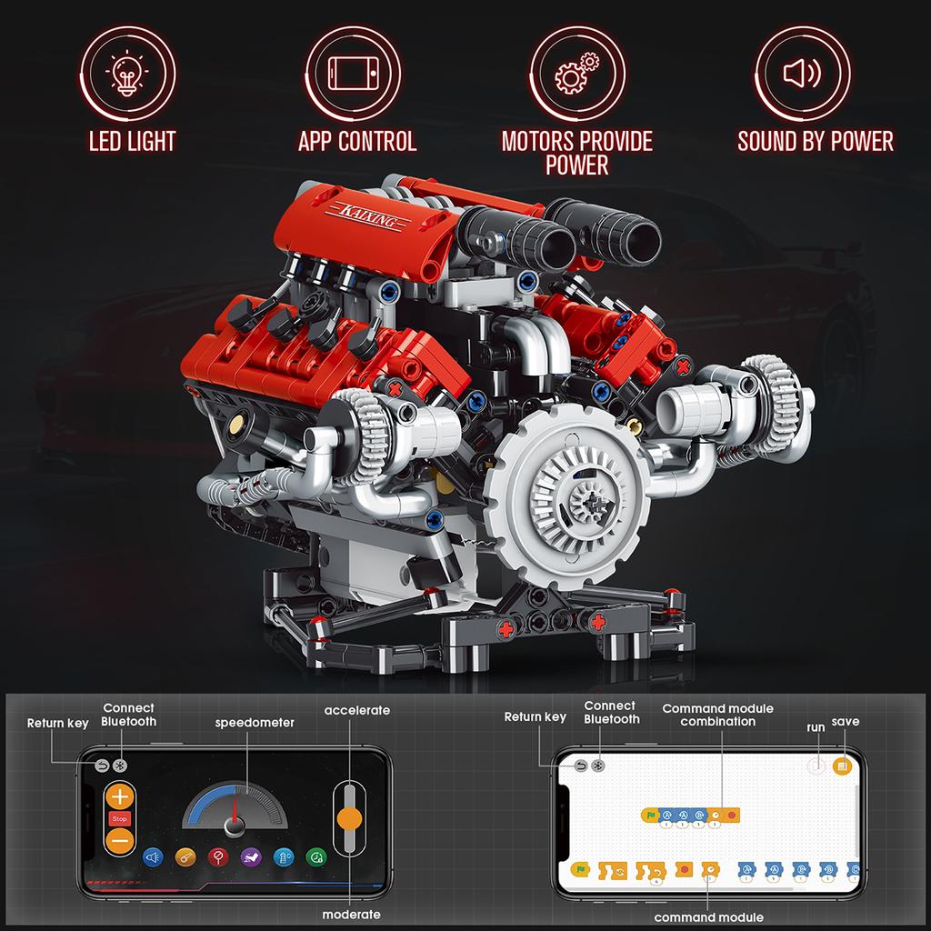 653PCS Red V8 Engine Building Blocks Set LED APP Programming Motor Drive Supercar Engine Bricks Toys for Adult Kid Gift