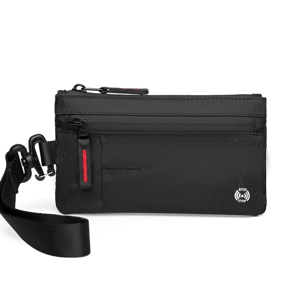 RFID Blocking Zip Clutch with Wristband Slim with Zipper Credit Card Holder 3 External Slots Men Wallets Outdoor Activities