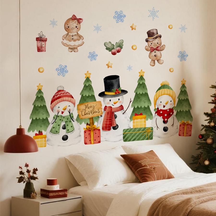Festive Merry Christmas Wall Stickers with Snowmen & Gingerbread Removable Self-Adhesive for Kids Room Shop Restaurant Decor