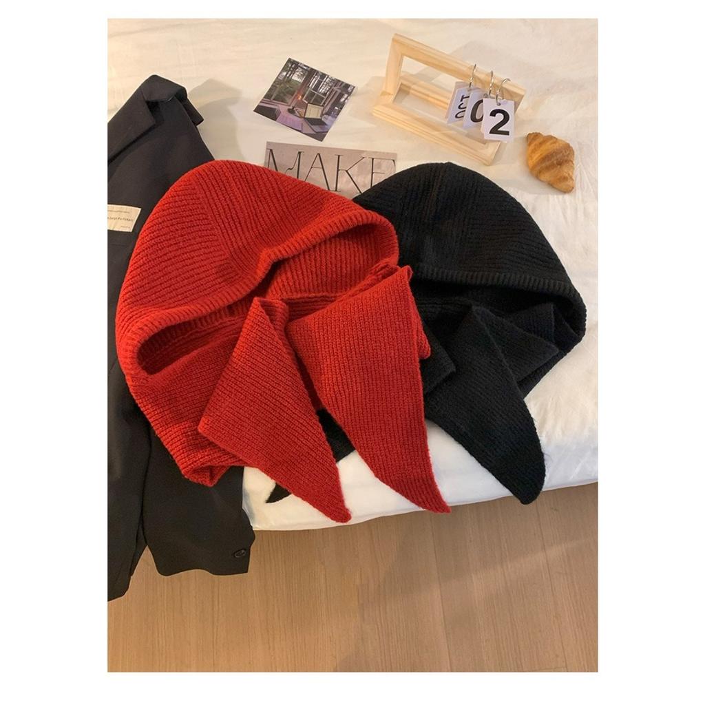 Red Hat Women's Autumn/Winter Warm Knitted Hat Scarf One Piece Hooded Neck Knitted Hat Winter