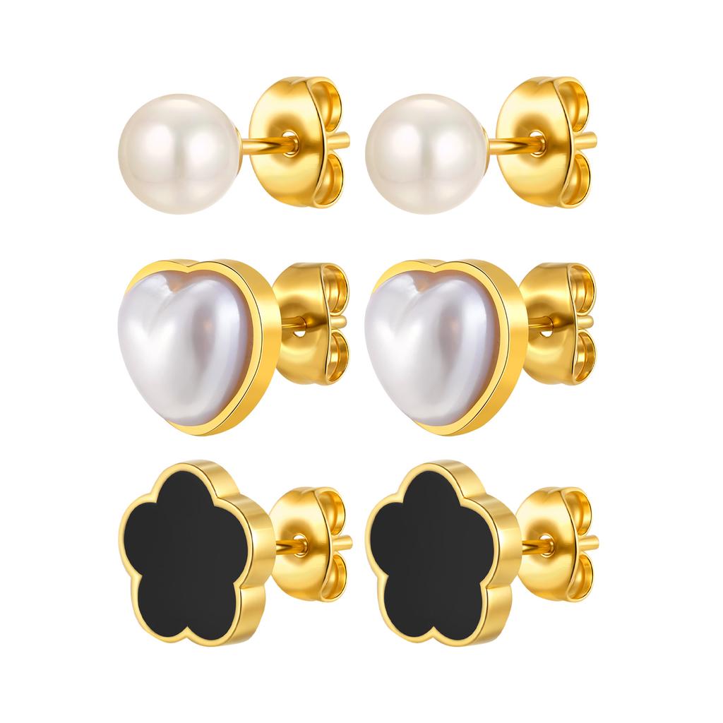Three-piece Set of Stud Earrings for Women,Stainless Steel Imitation Pearl Heart Shape Flowers Earrings, Geometric Jewelry Gifts