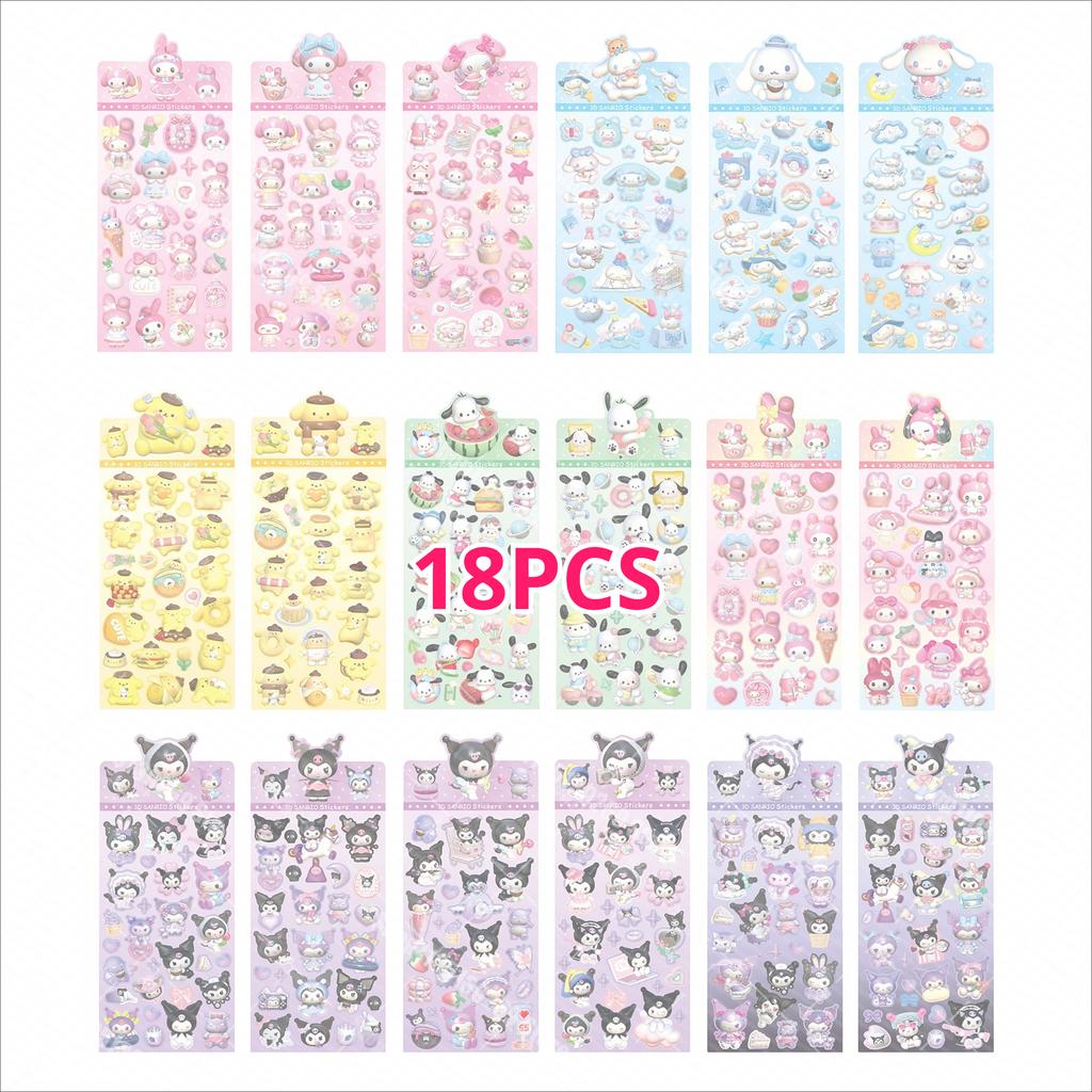 18pcs Kuromi Cinnamoroll Flat 3D Wind Stickers Cartoon Exquisite Children's Toy Stickers Diary Decoration Creative DiY Toys