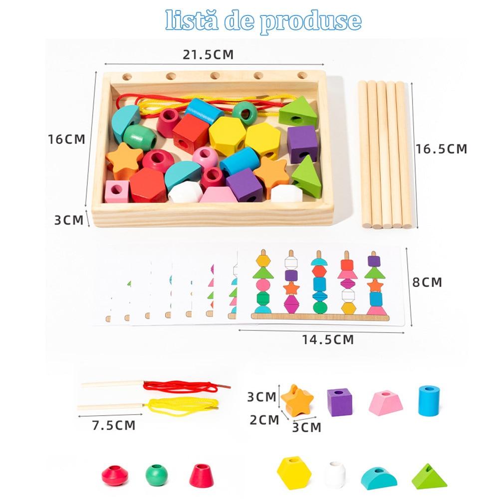 Montessori Bead Sequencing Set, Wooden Bead Toys for Toddlers, Color Matching Shape Stacker, Educational Toys for Preschool Learning Ages 2-5