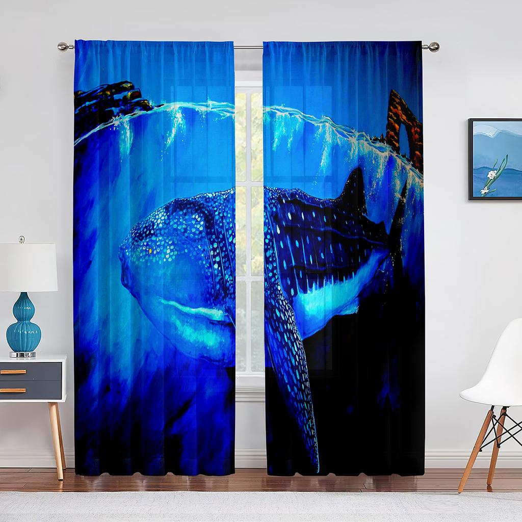 Watercolor Whale Underwater Animal Psychedelic Sheer Window Curtains for Living Room Bedroom Home Decor Chiffon Tulle Curtain