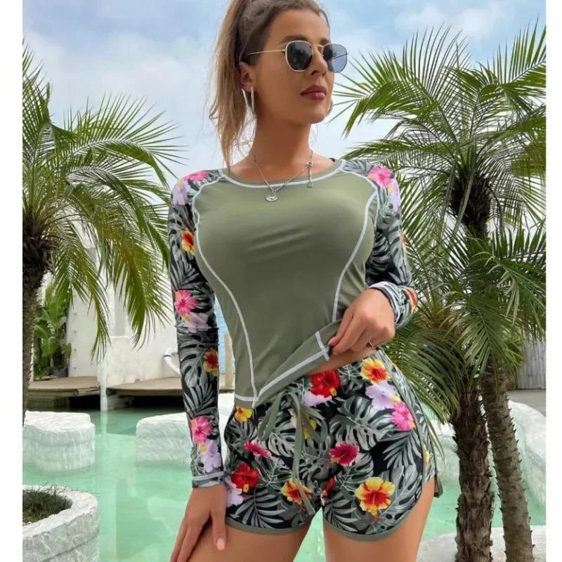 New Long Sleeve Surfing Wetsuit Digital Print Flat Angle Bikini Set Women's Swimming Costume Diving Suit