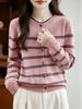 Women's Pure Wool Color Block Cardigan – Autumn/Winter New Arrival Striped Knit Sweater Coat with Round Neck.