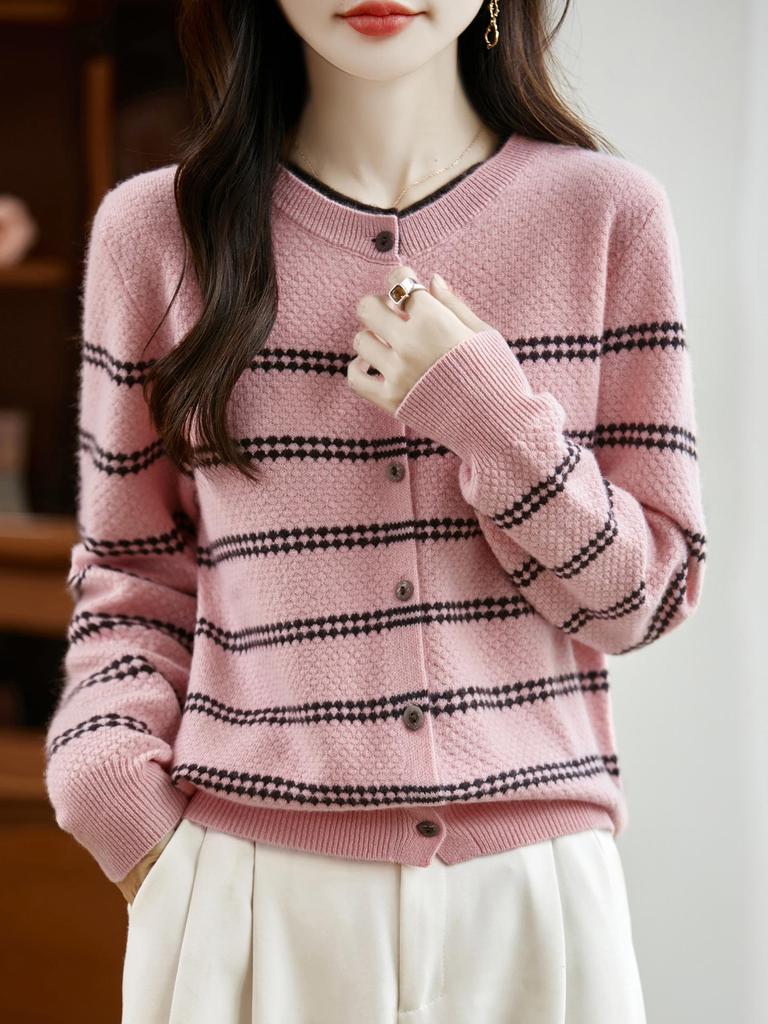 Women's Pure Wool Color Block Cardigan – Autumn/Winter New Arrival Striped Knit Sweater Coat with Round Neck.
