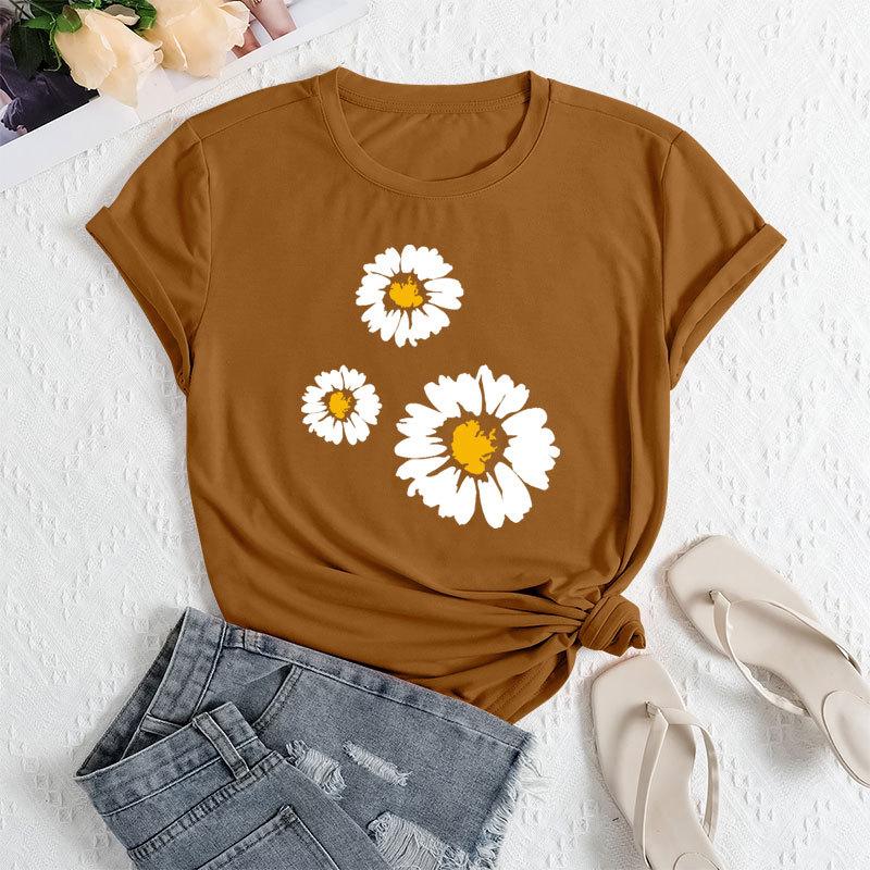 Sommer Damen T-Shirts mit Drei-Gänseblümchen-Print, locker, Rundhalsausschnitt, lässig, reine Baumwolle, kurzärmelig, Damen