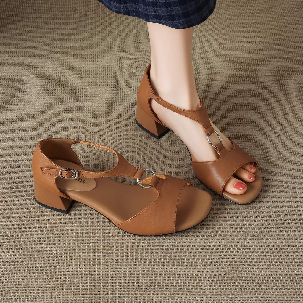 Krazing Pot Cow Skin Med Heels European Design Summer Size 40 Circle Buckle Straps Women Sandals