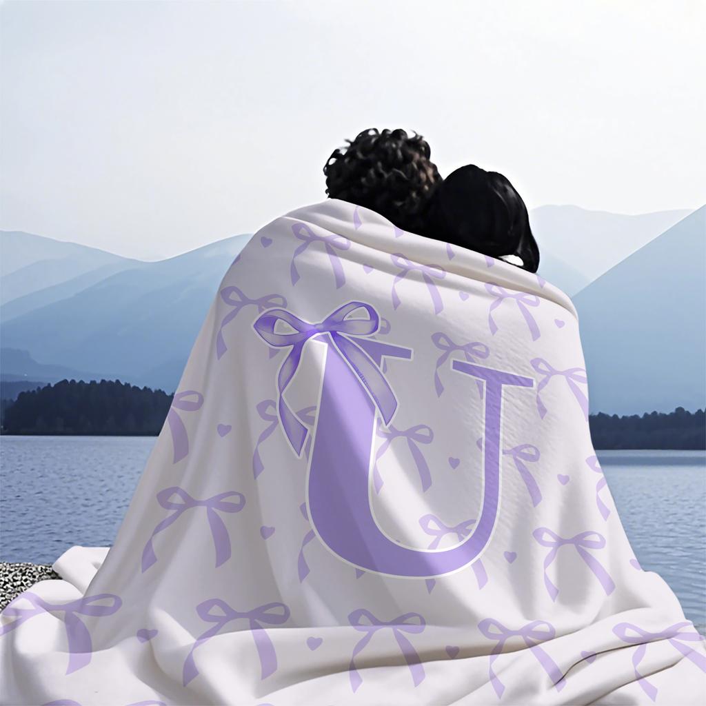 Soft Purple Bow Print Letter U to Z Blanket Warm Cozy Portable Flannel Blanket for Home Camping Travel Gift for Girls Boys