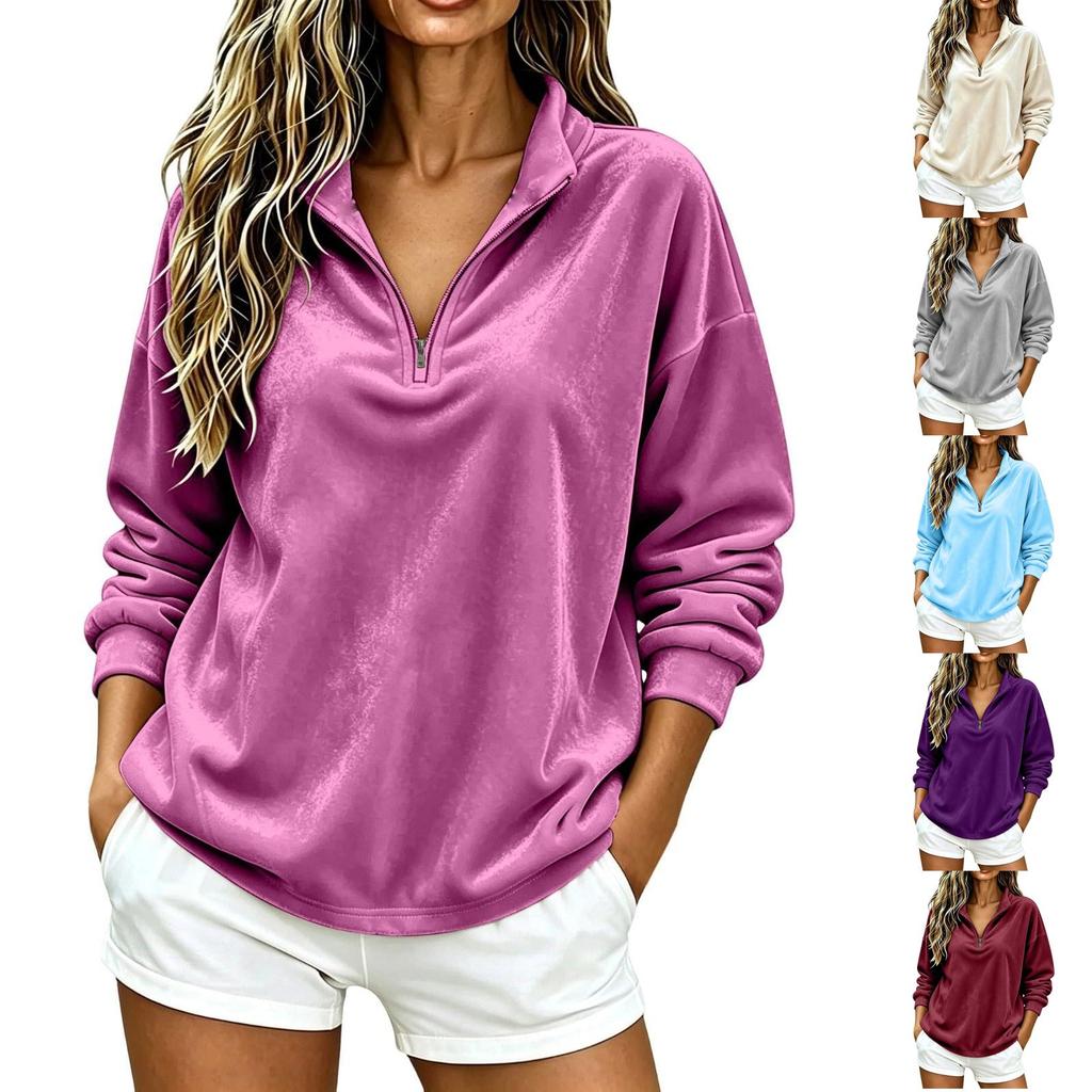 Women's Velvet Zip Up Long Sleeve Top Casual Color Shirt for Everyday Wear